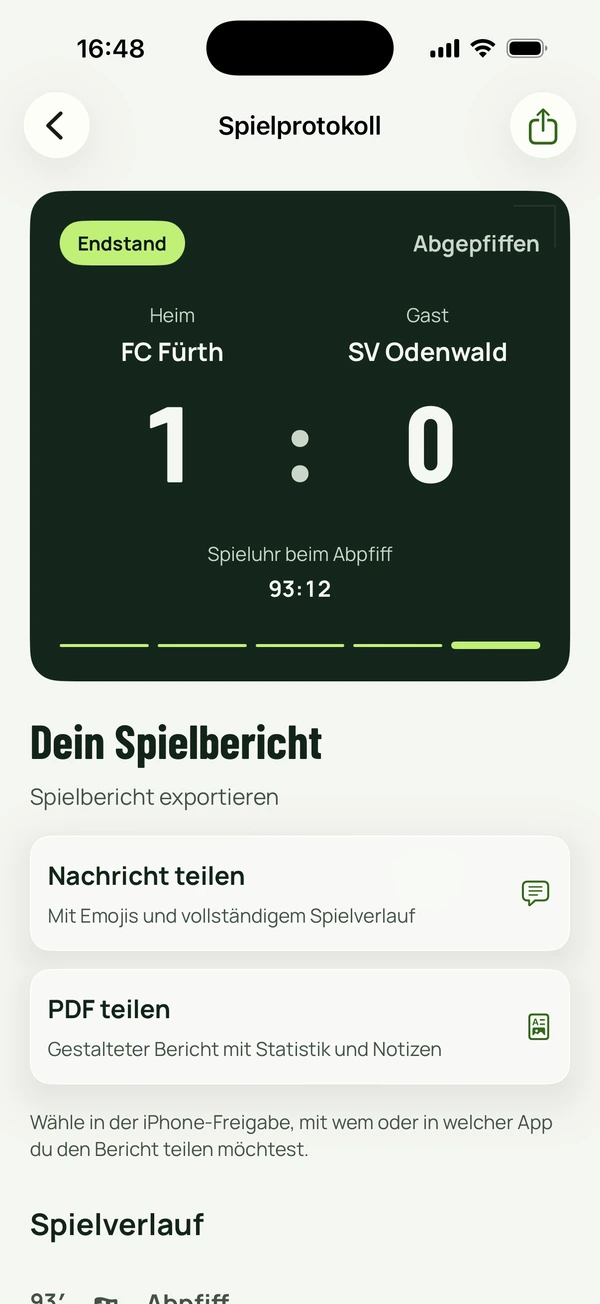 RefLog-Spielbericht mit Endstand 1 zu 0, Spieluhr beim Abpfiff 93:12 sowie Nachricht teilen und PDF teilen.