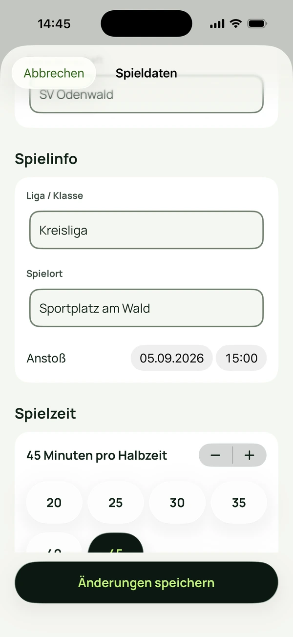 RefLog-Spieldaten mit Kreisliga, Sportplatz am Wald, Anstoß um 15:00 Uhr und 45 Minuten je Halbzeit.