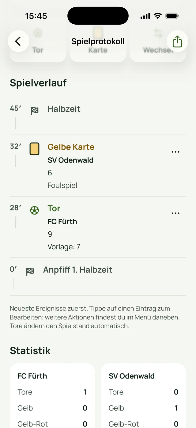 RefLog-Spielprotokoll zur Halbzeit: Tor für FC Fürth in Minute 28, Gelb für SV Odenwald in Minute 32 und passende Statistik beim Stand von 1:0.