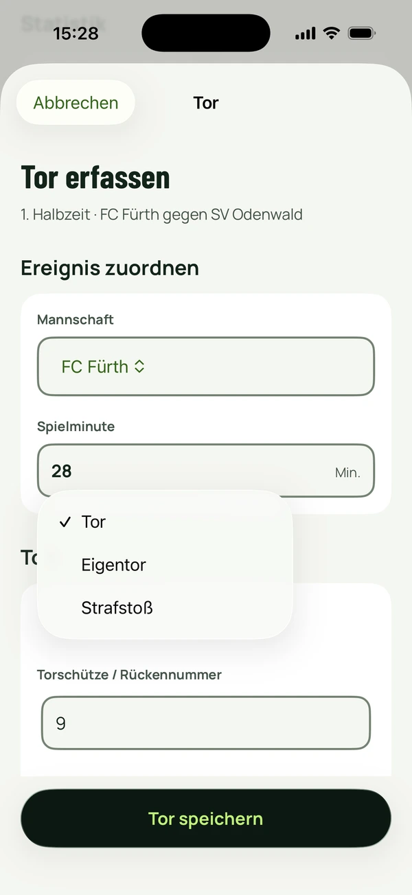 RefLog-Toreintrag für FC Fürth in Minute 28, Torschütze Nummer 9, mit geöffneter Auswahl für Tor, Eigentor oder Strafstoßtor.