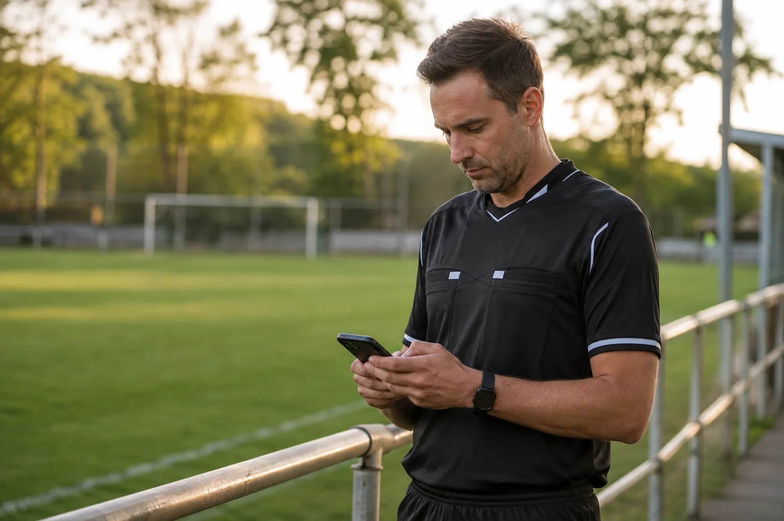 Ein Schiedsrichter prüft vor dem Spiel sein Smartphone am Rand eines Fußballplatzes. KI-generiertes Motiv.