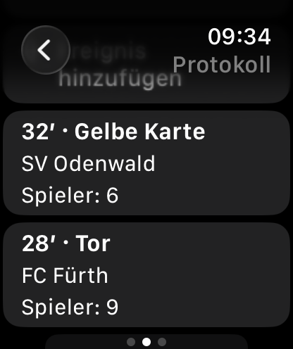 RefLog-Spielprotokoll auf der Apple Watch mit Gelb für SV Odenwald in Minute 32 und einem Tor für FC Fürth in Minute 28.