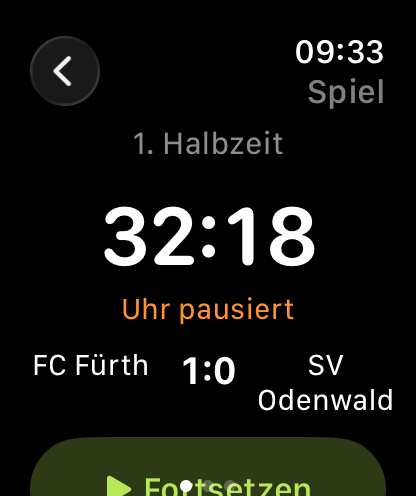 Native RefLog-App auf der Apple Watch mit Spieluhr 32:18 in der ersten Halbzeit und Spielstand 1:0 für FC Fürth gegen SV Odenwald.