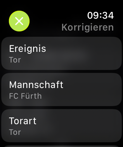 Geöffnete Torbearbeitung in RefLog auf der Apple Watch mit Ereignis Tor, Mannschaft FC Fürth und Torart Tor.